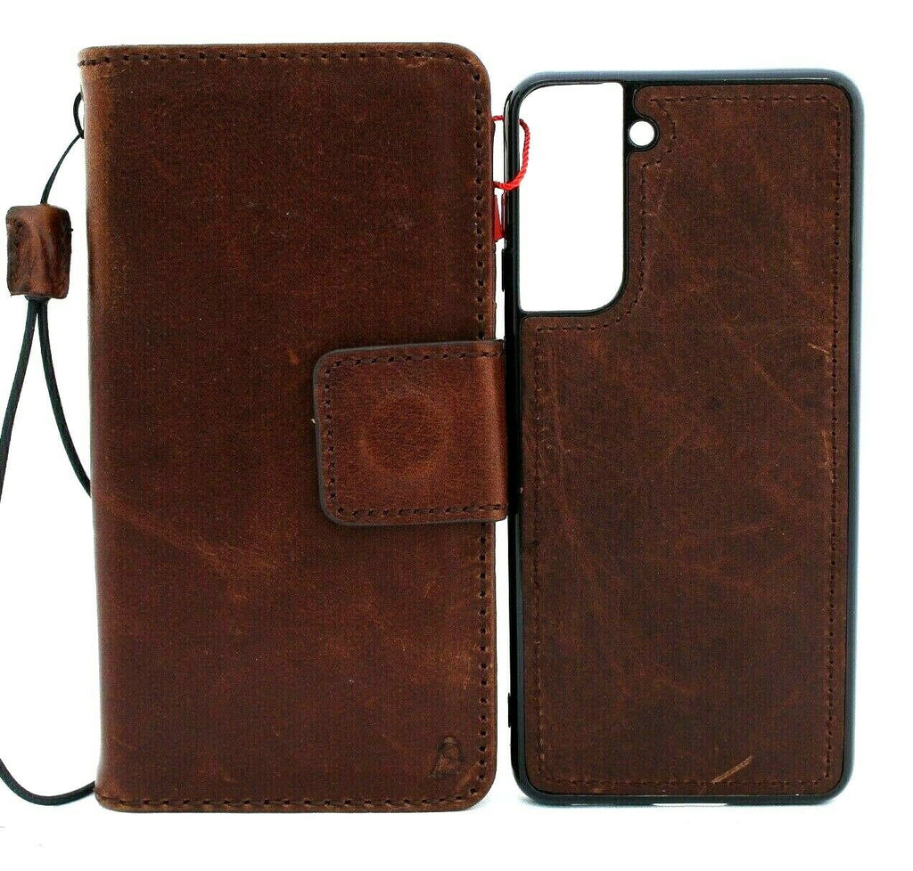 Genuine vintage leather Galaxy S21 wallet case by DavisCase with magnetic removable soft cover, in a soft brown color.