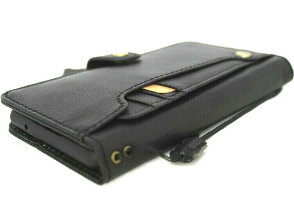 DavisCase genuine black leather wallet case for Samsung Galaxy S20 FE with card slots, ID window, soft rubber edges, vintage style.