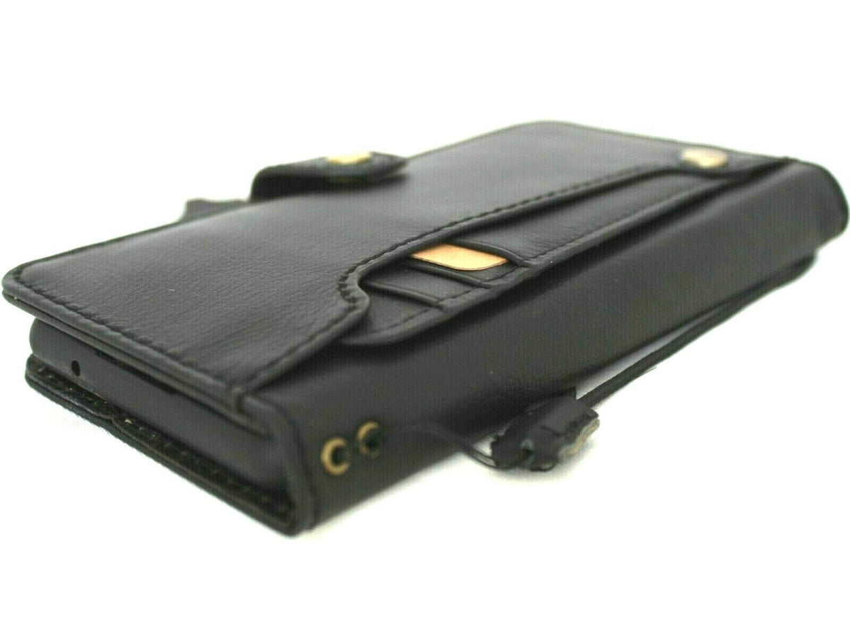 DavisCase genuine black leather wallet case for Samsung Galaxy S20 FE with card slots, ID window, soft rubber edges, vintage style.