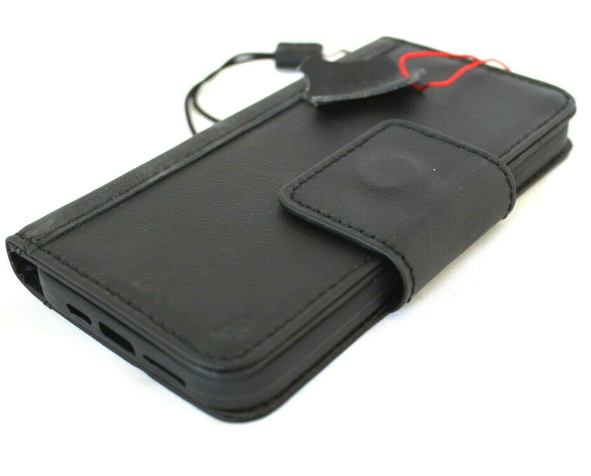 Black genuine leather iPhone 12 Pro Max case with wallet design, credit card slots, magnetic closure, handmade by DAVISCASE.