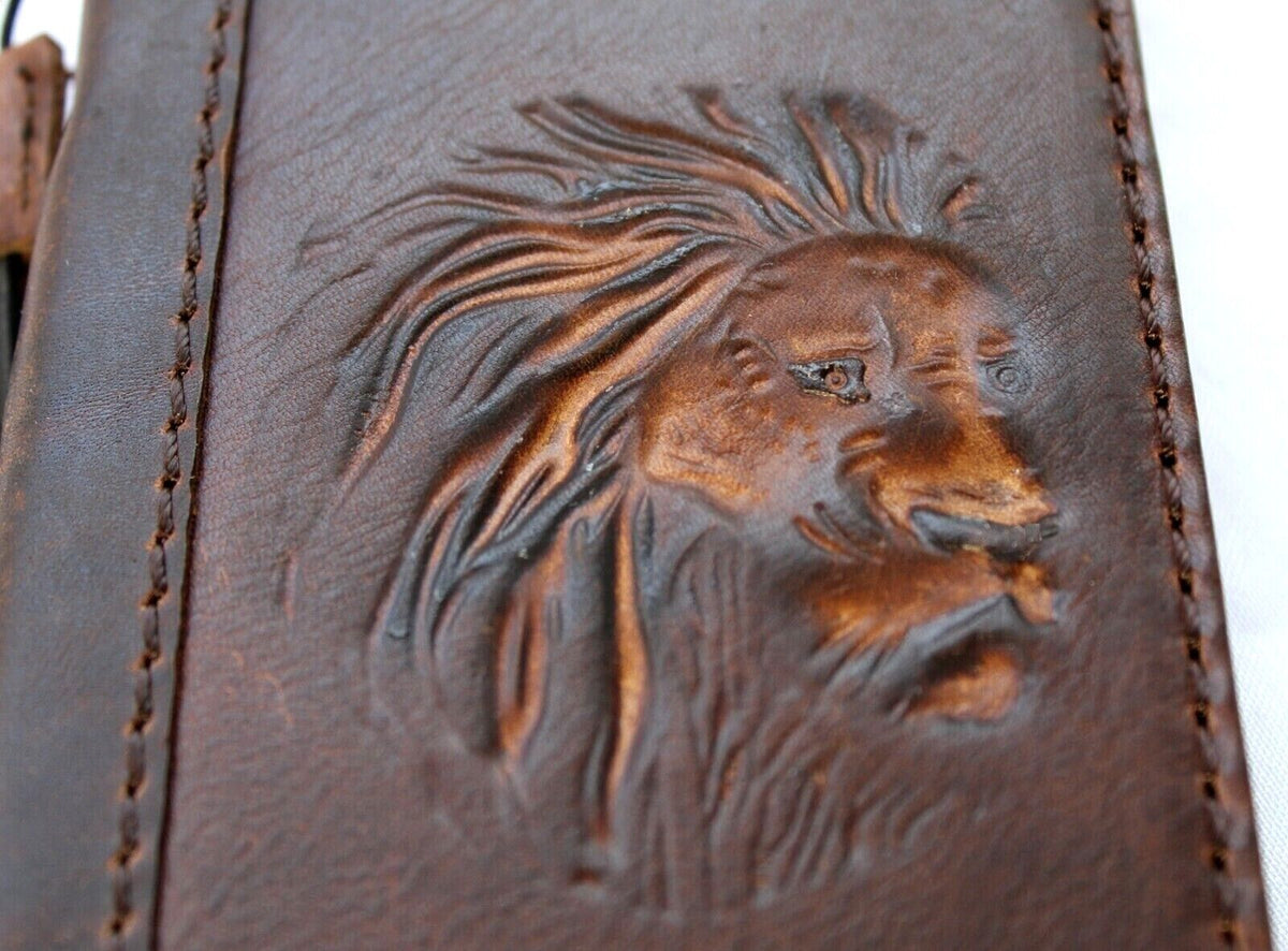 Handmade genuine leather phone case for Samsung Galaxy S22, S21, Z Fold, and Note series, featuring vintage lion design and wallet style.