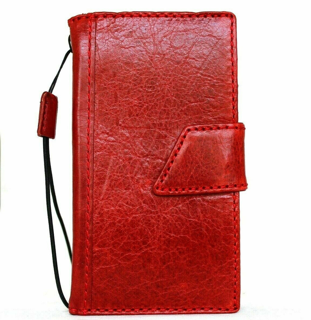 Genuine red leather phone case for iPhone 13 Mini by DAVISCASE with slim design, magnetic closure, and card slots.