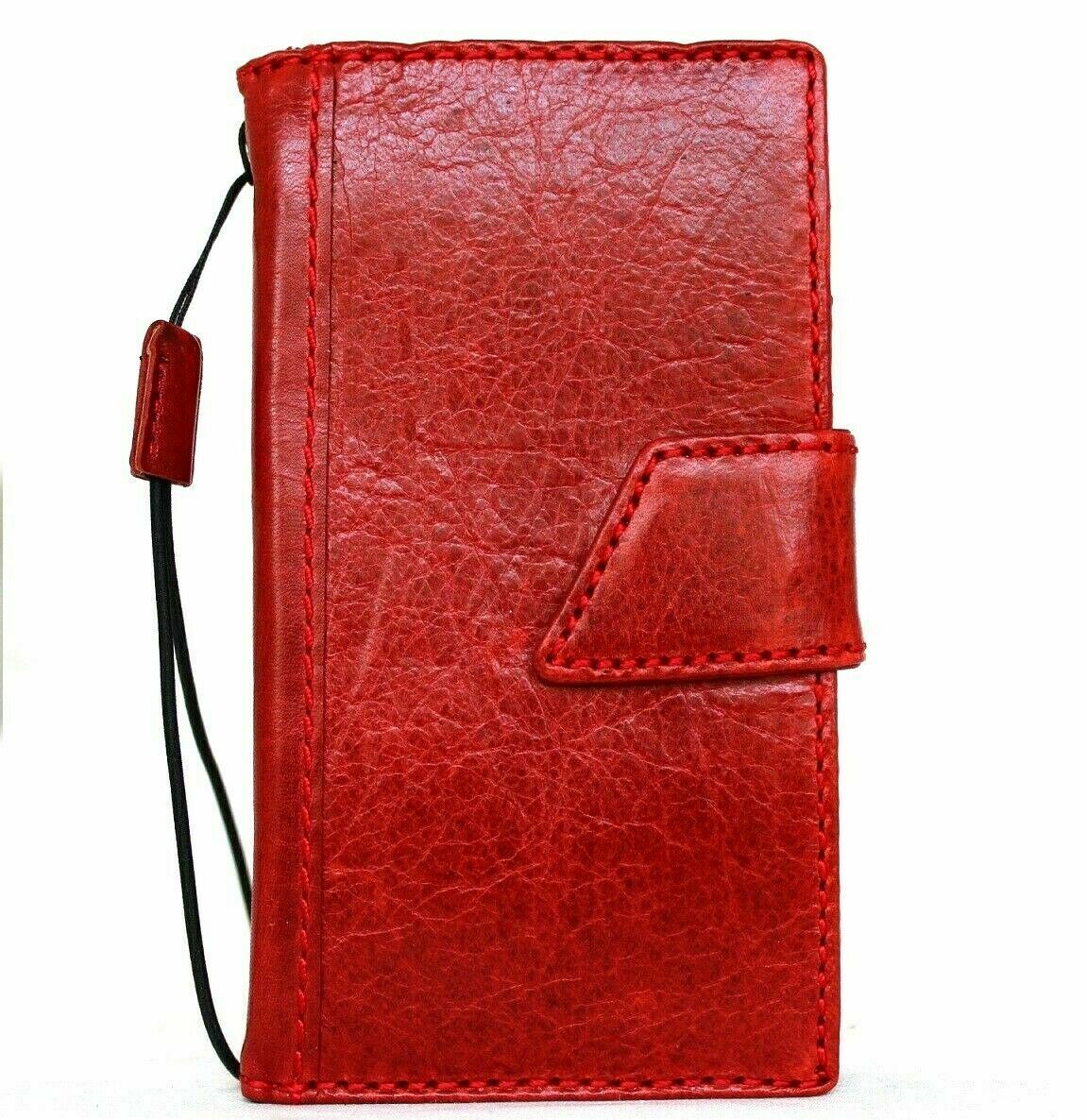 Genuine red leather phone case for iPhone 13 Mini by DAVISCASE with slim design, magnetic closure, and card slots.