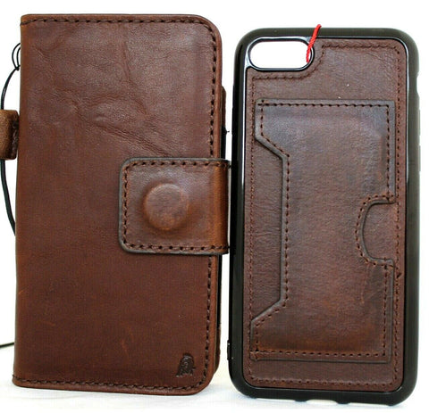 Genuine Natural Dark leather Case for iPhone 7 PLUS Detachable cover book wallet card ID window business slim Soft holder Removable Wireless Charging Daviscase