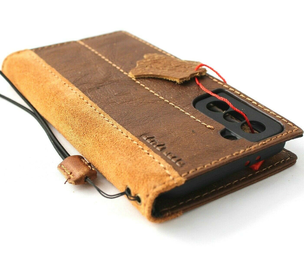 Genuine tan leather Galaxy S21 wallet case by DAVISCASE with ID window, card slots, suede interior, slim design, compatible with wireless charging.
