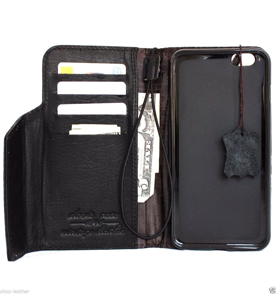 Black genuine leather iPhone 6s Plus case with wallet design, credit card slots, magnet closure, slim and handcrafted by vendor-unknown.