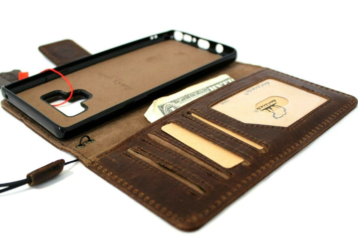 Genuine dark vintage leather phone case for Samsung Galaxy Note 9 with wallet design, multiple card slots, ID window, and soft detachable cover.