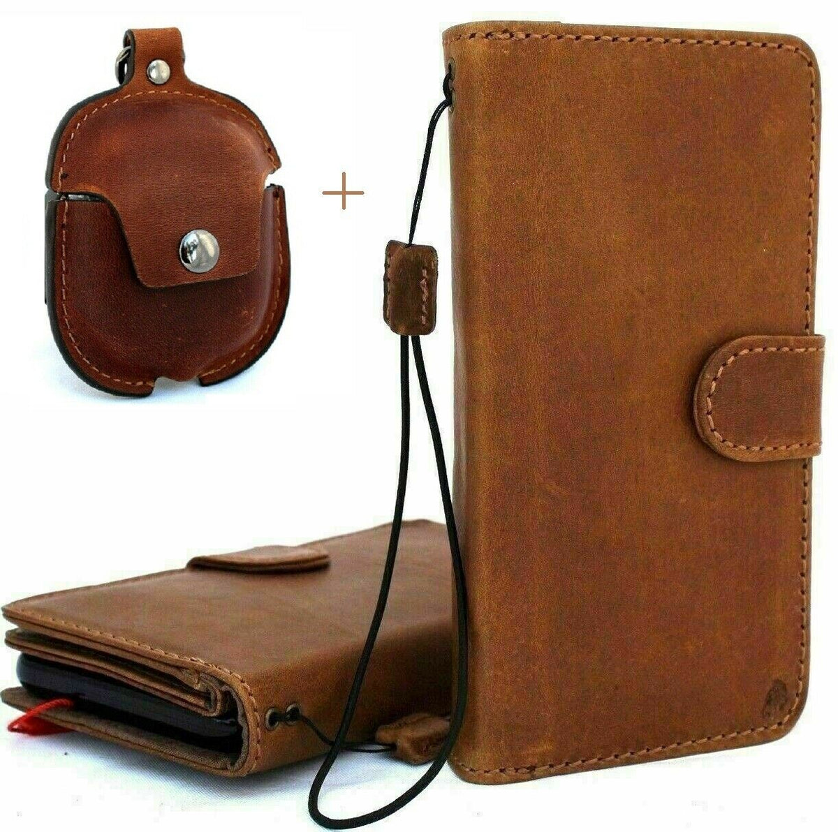 Handmade genuine leather iPhone 11 Pro Max case with wallet, credit holder, magnetic closure, and AirPods 2 pocket in tan color.