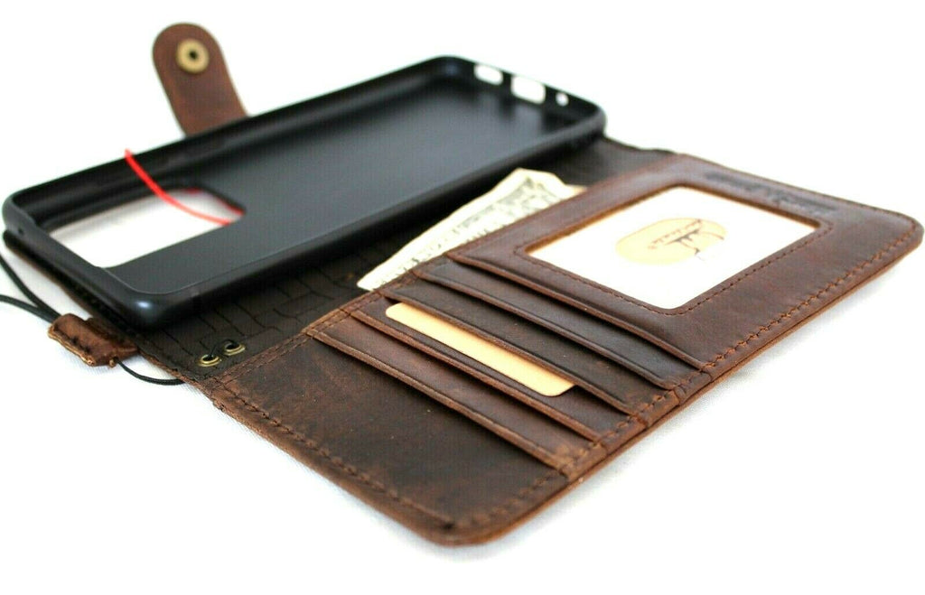 Dark genuine top grain leather Samsung Galaxy S20 Ultra case by DAVISCASE, handmade wallet-style with rubber holder for wireless charging.