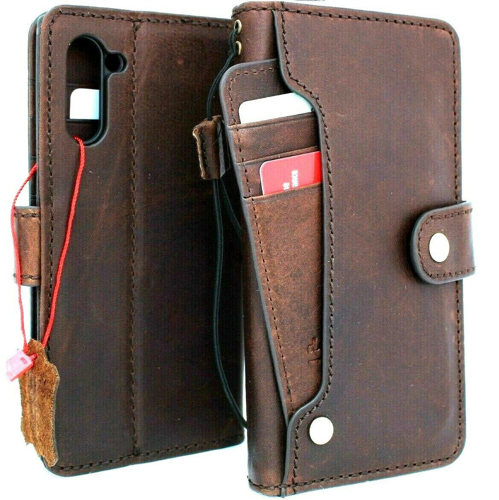 Handmade genuine leather Samsung Galaxy Note 10 book wallet case with card slots, button closure, flip design, and rubber strap for wireless charging.