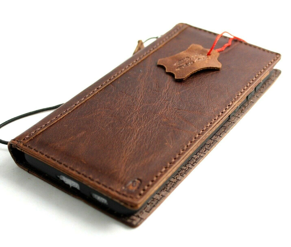 Genuine dark leather Samsung Galaxy S22 Plus 5G wallet case with ID window, card slots, wireless charging holder, DavisCase logo.