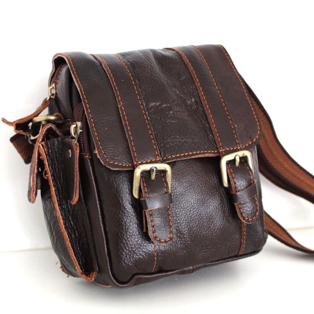 Genuine leather men's shoulder satchel bag by DAVISCASE with vintage style, small messenger design, suitable for both men and women.