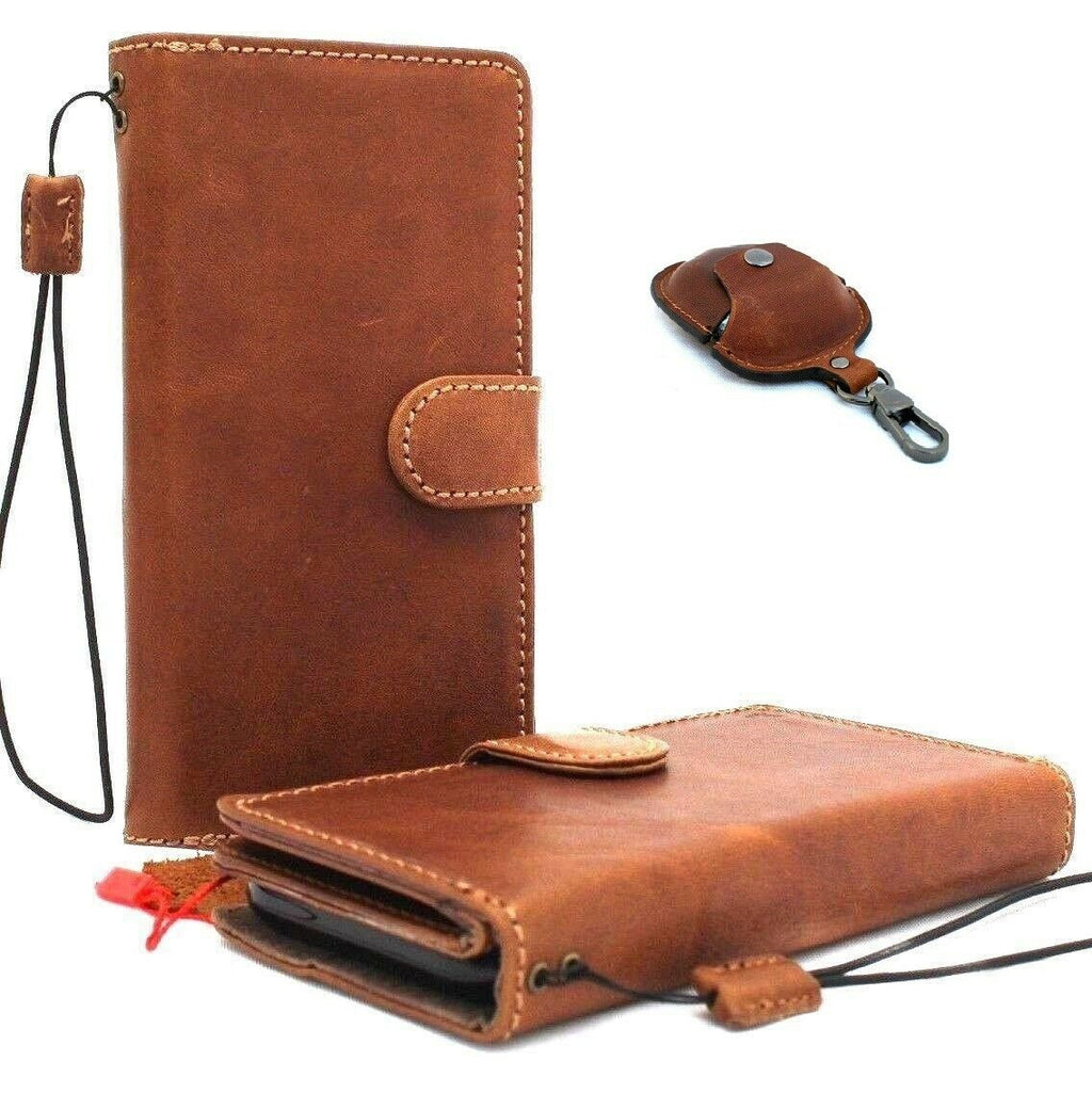 Genuine soft leather Apple iPhone X case by DAVISCASE with wallet credit holder, magnetic closure, removable AirPods 2 case in tan leather
