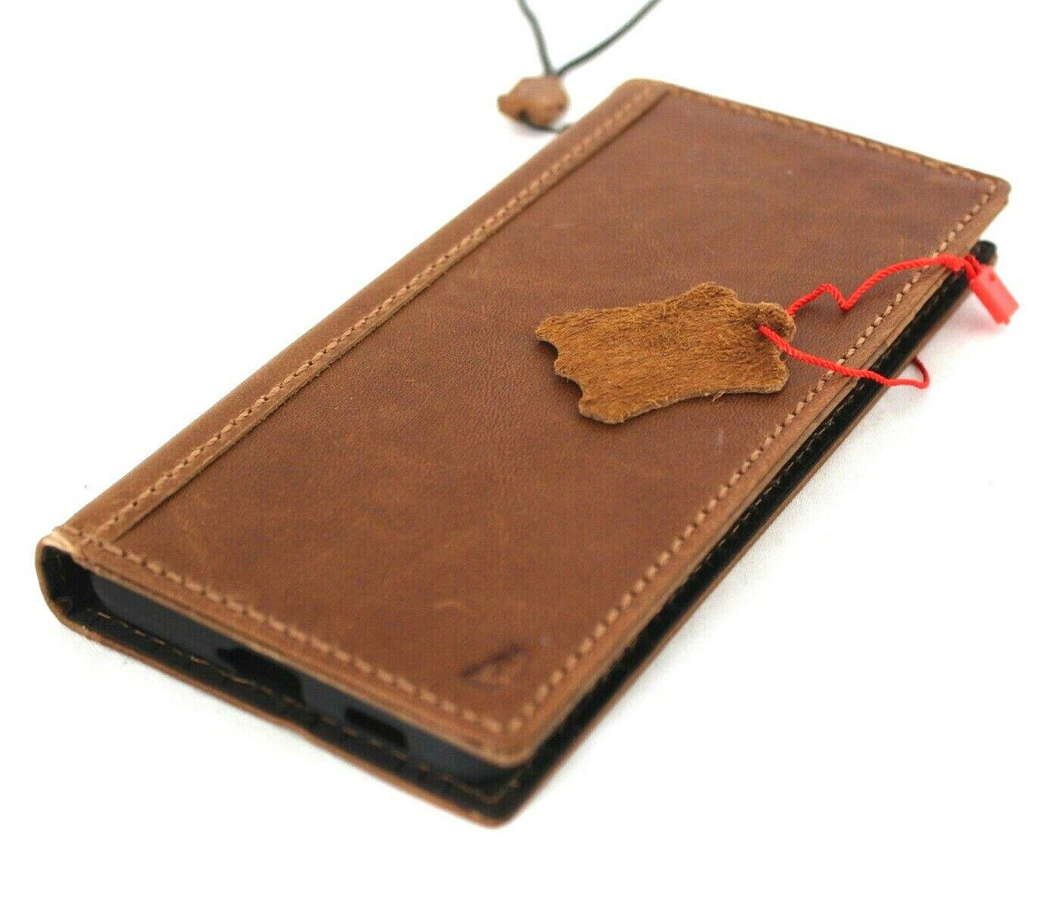 Genuine tan leather Galaxy S22 Plus 5G wallet case by DAVISCASE with card slots, wireless charging holder, and luxury rubber ID slot