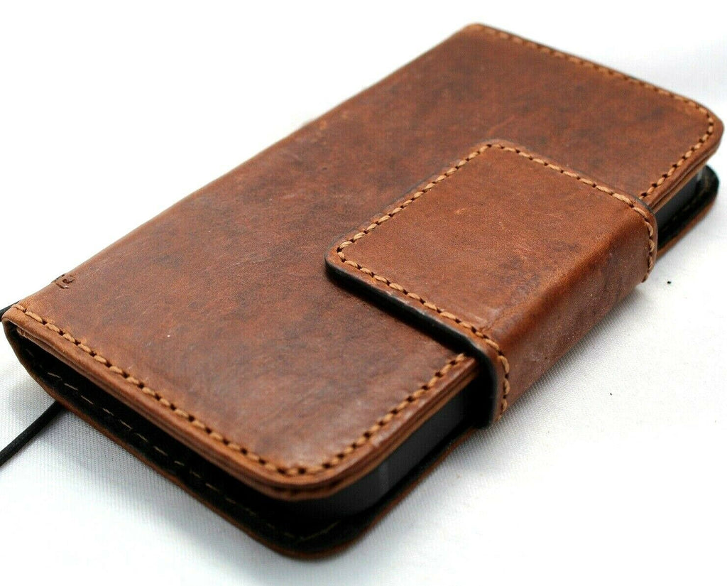 Genuine full tan leather iPhone 12 mini case by DAVISCASE with vintage style, credit card slots, magnetic closure, soft handcrafted cover.