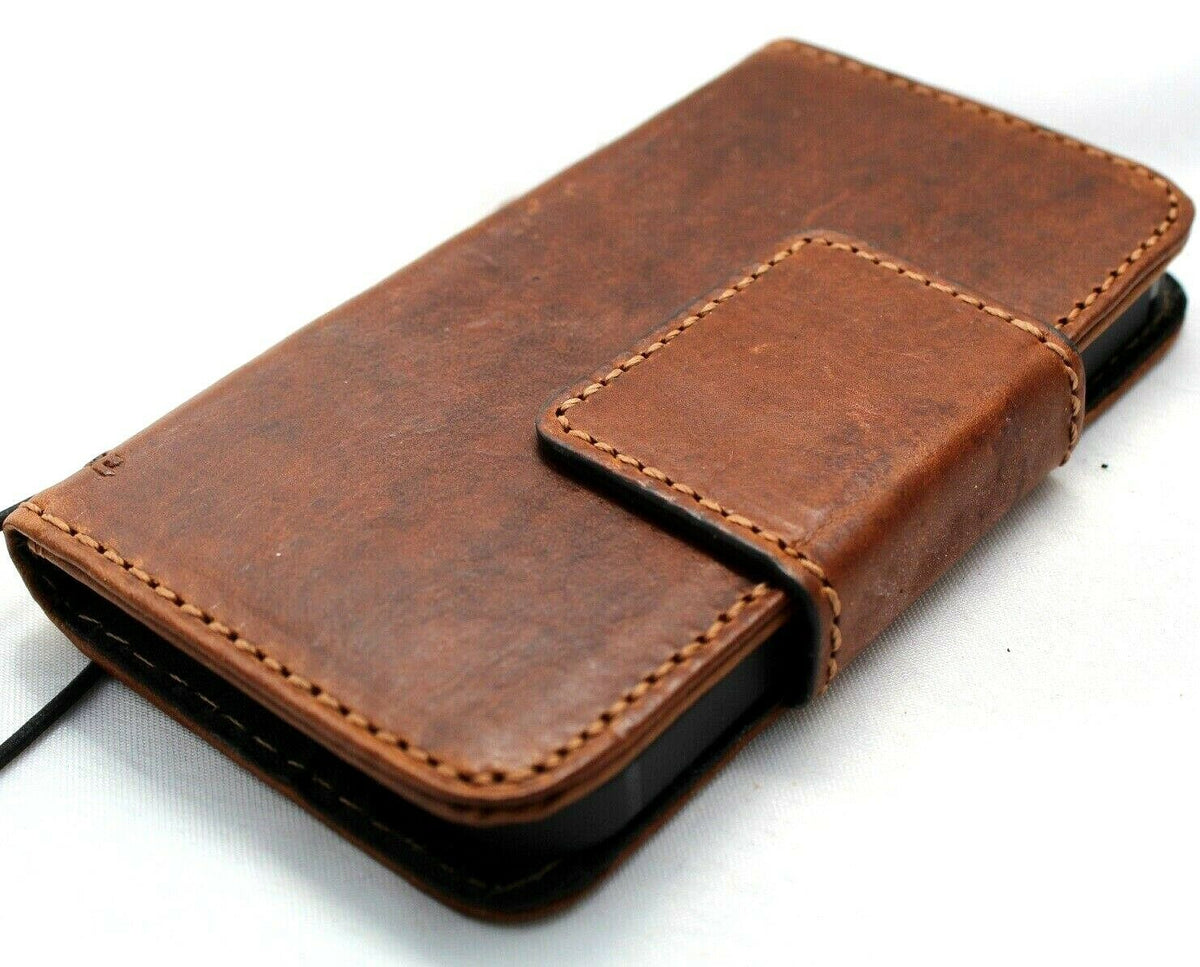 Genuine full tan leather iPhone 12 mini case by DAVISCASE with vintage style, credit card slots, magnetic closure, soft handcrafted cover.