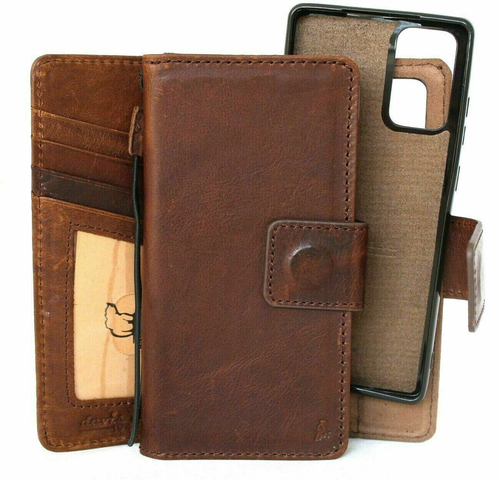 Dark leather Samsung Galaxy Note 20 book wallet case with removable cards, ID window, magnetic stand, and car holder by DavisCase.