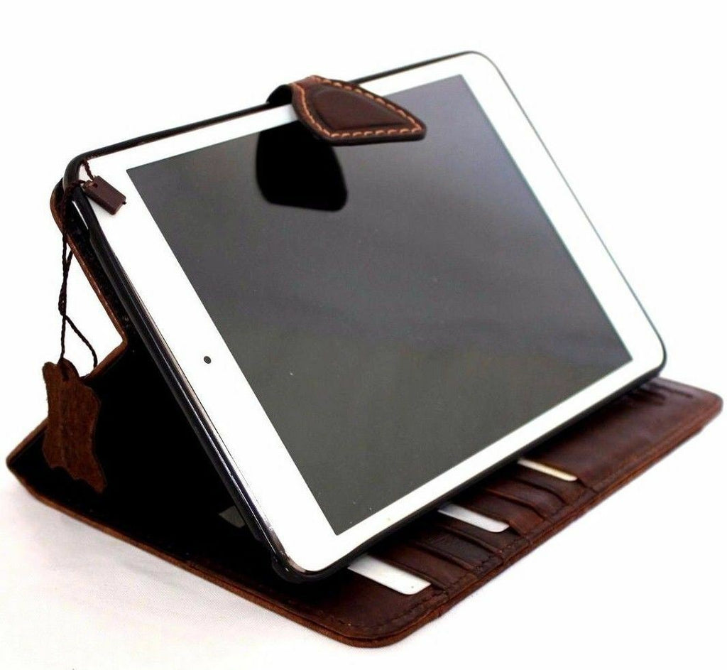 Brown genuine leather iPad case for Apple iPad 9.7 with card slots, magnetic closure, slim design by DAVISCASE.