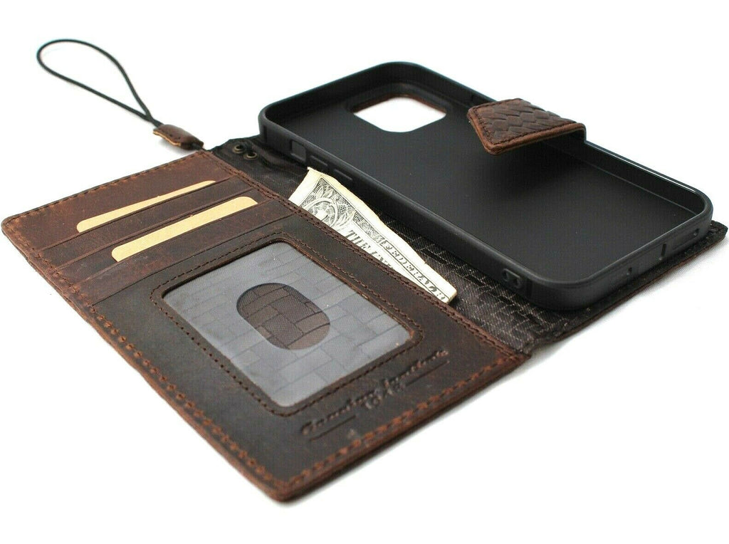 Dark leather wallet case for Apple iPhone 11 Pro by DAVISCASE with ID window, credit card slots, and vintage design.