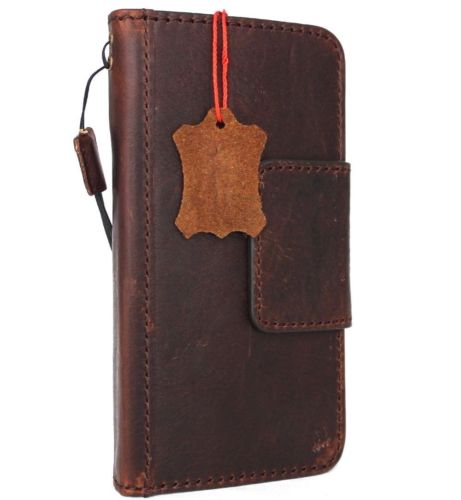 Vintage brown genuine leather iPhone X case with wallet design, magnet closure, card slots, and slim handmade craftsmanship.