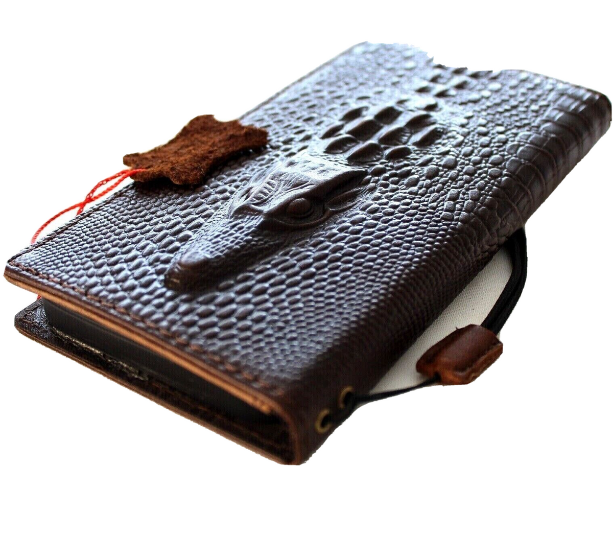 Handmade genuine leather phone case for Apple iPhone models, crocodile style wallet cover with multiple card slots, by DAVISCASE.