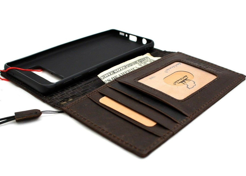 Dark brown genuine leather Samsung Galaxy S10e wallet case with card slots, rubber holder, slim design, and wireless charging compatibility.